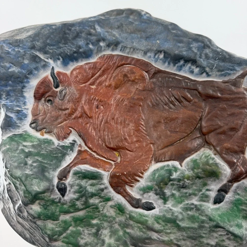 VTG Painted Buffalo Bison Relief Wall Plaque 9x5 Hand Painted Plaster Art Decor